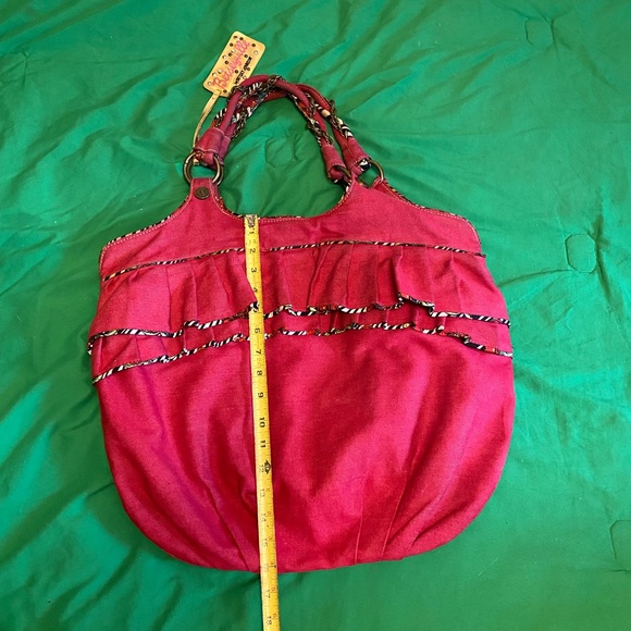 Betsyville by Betsy Johnson LARGE red denim purse with bronze chain & ruffles. - Picture 5 of 8
